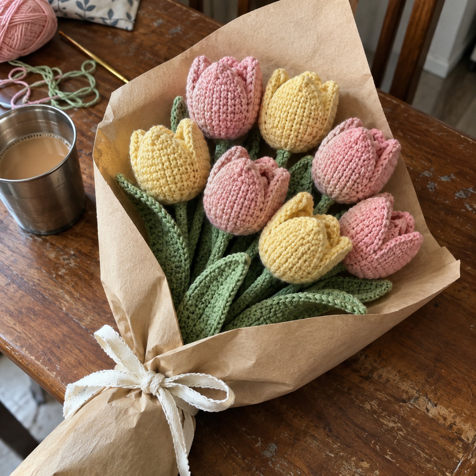 Forever Tulip Bouquet: handmade crochet in blush pink, butter yellow, sage green, kraft