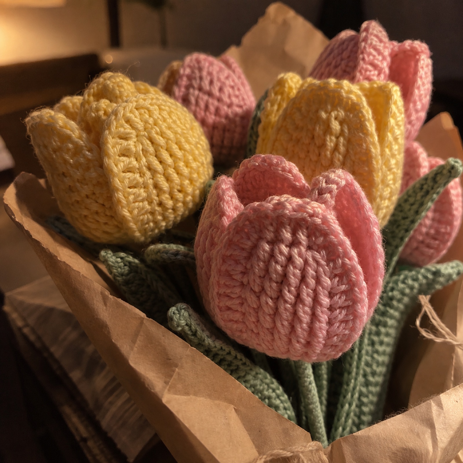 Close-up of a cupped tulip petal showing rows of half-double crochet on the Forever Tulip Bouquet