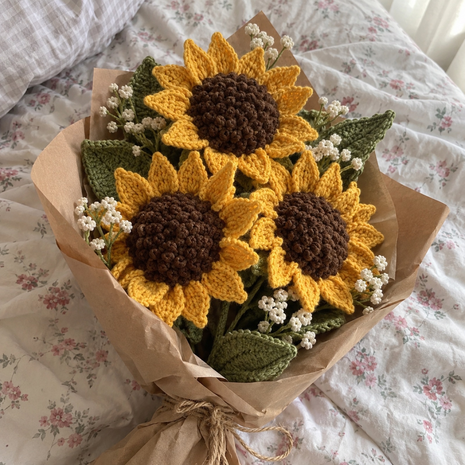 Sunflower Sunshine Bouquet: handmade crochet in sunflower yellow, cocoa, leaf green, white