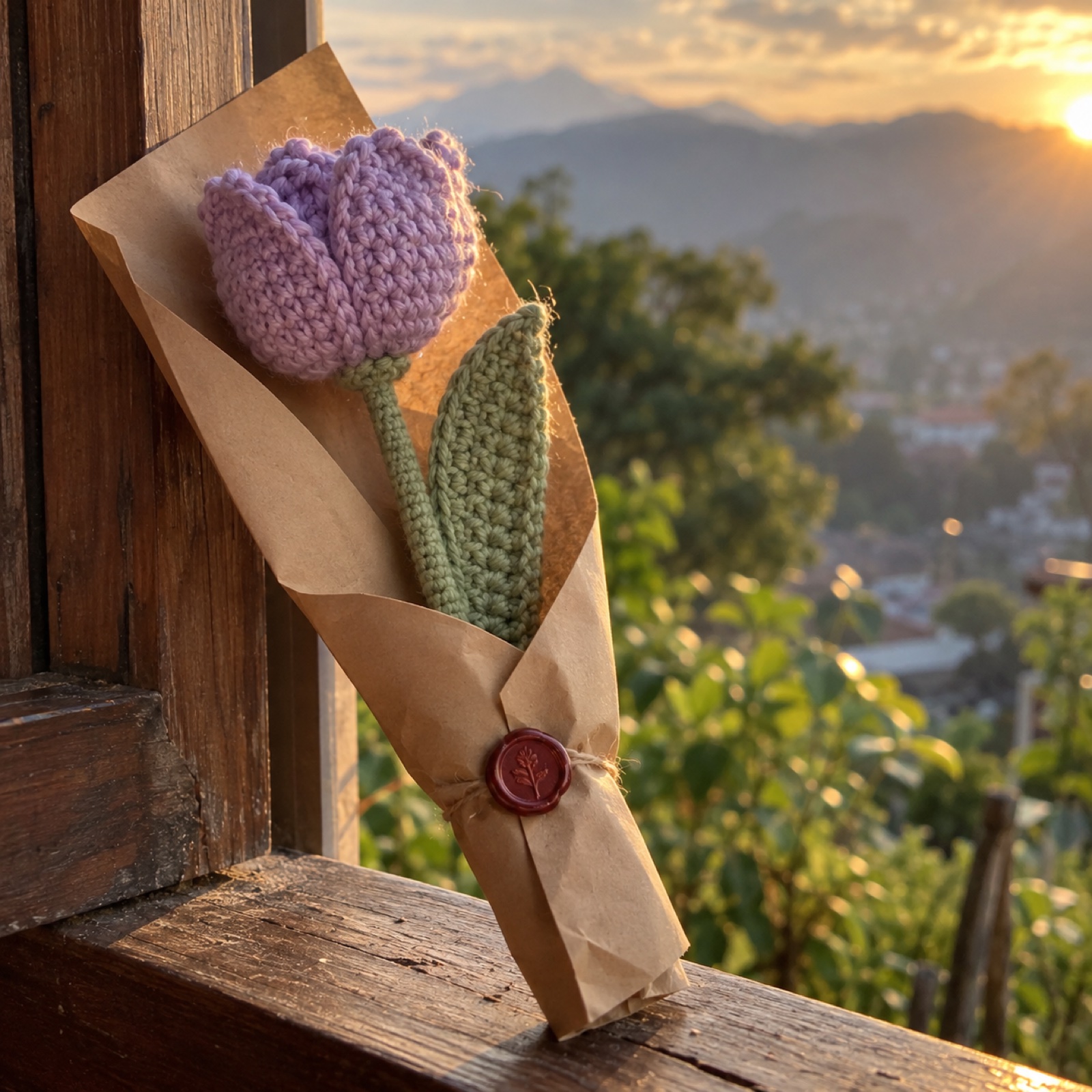 Single Tulip in Gift Sleeve: handmade crochet in lilac, sage green, kraft