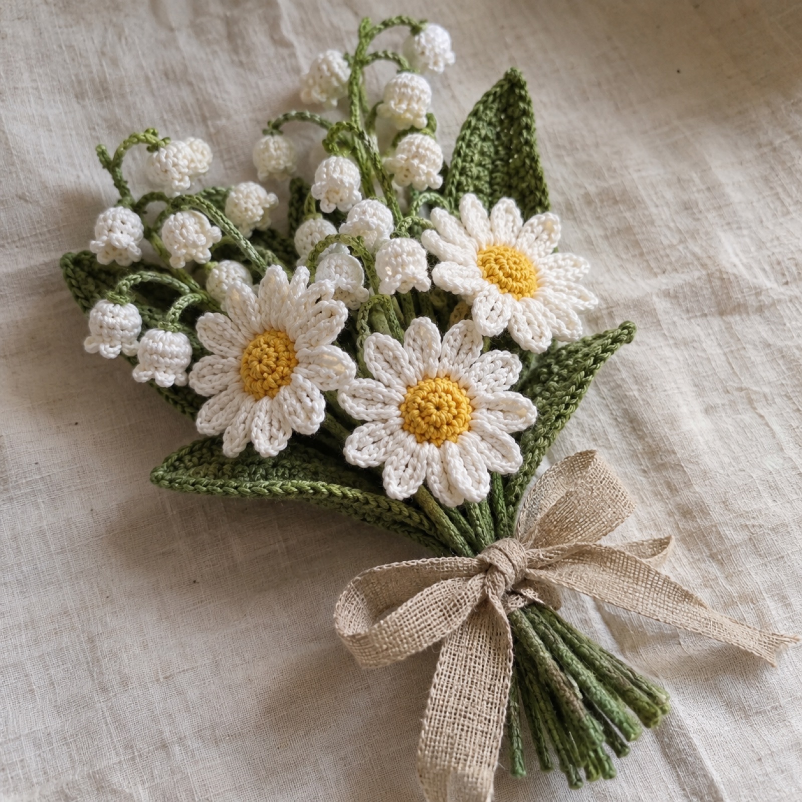 Daisy & Lily-of-the-Valley Posy: handmade crochet in white, sunshine yellow, fresh green, linen