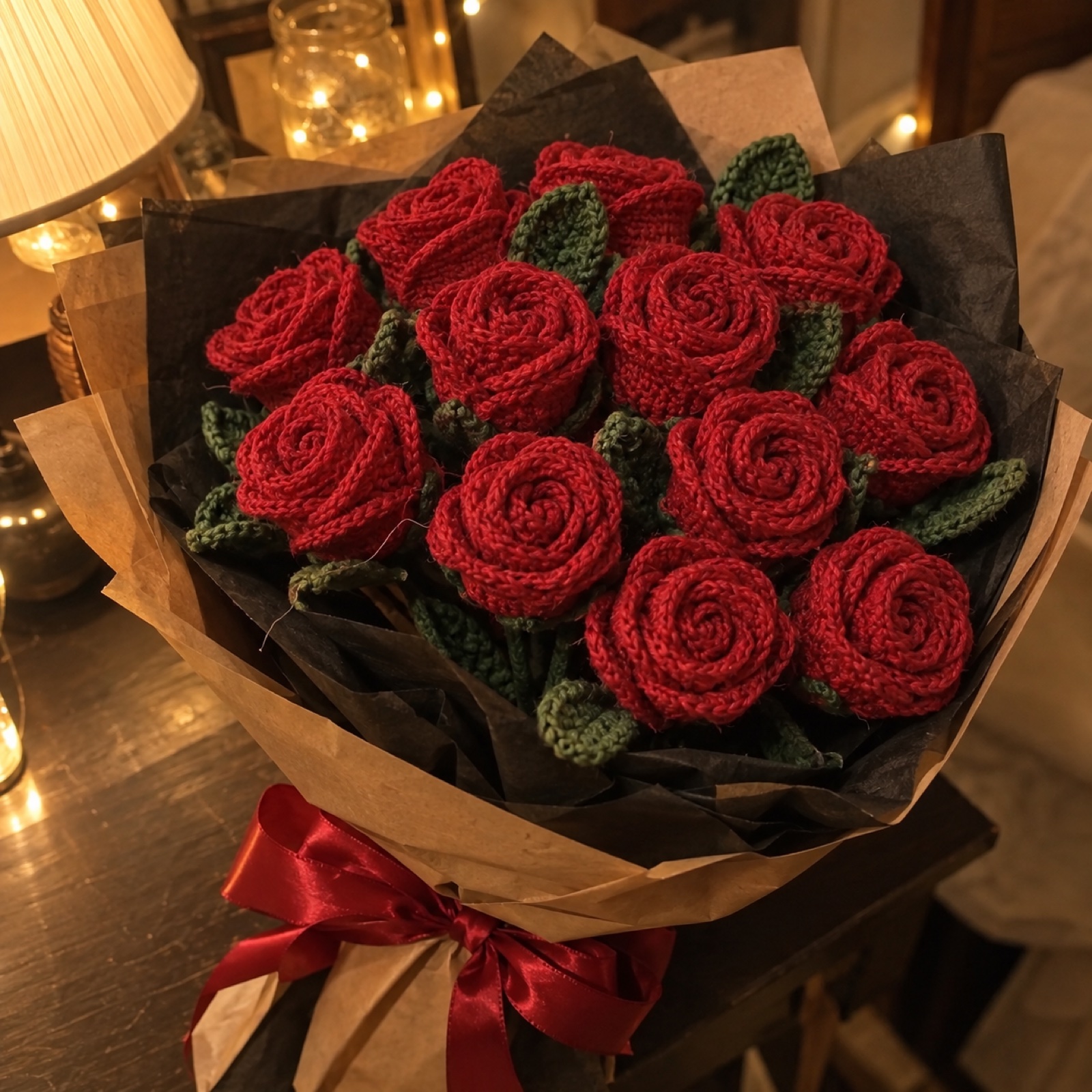 Red Rose Dozen: handmade crochet in rose red, deep green, black, kraft