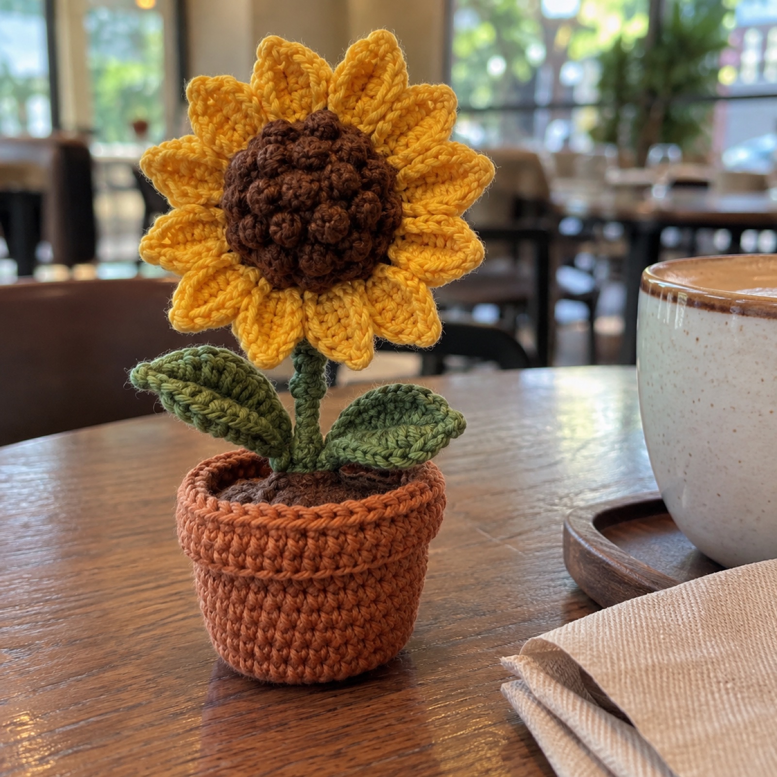 Potted Sunflower Desk Bloom: handmade crochet in sunflower yellow, cocoa, terracotta, leaf green