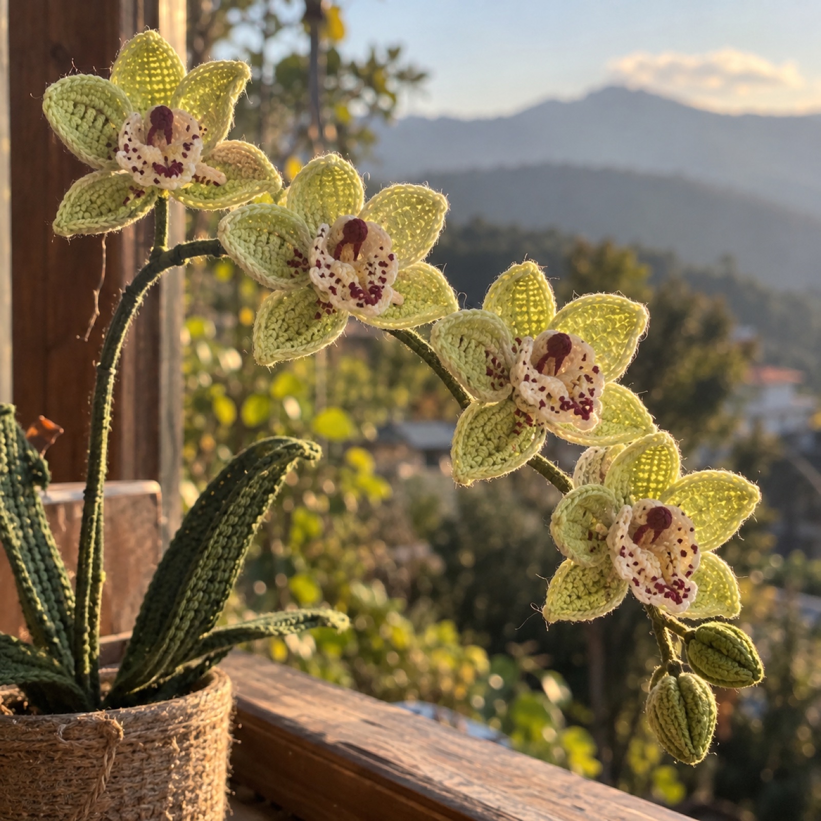 Cymbidium Orchid Stem: handmade crochet in soft lime, cream, maroon, olive