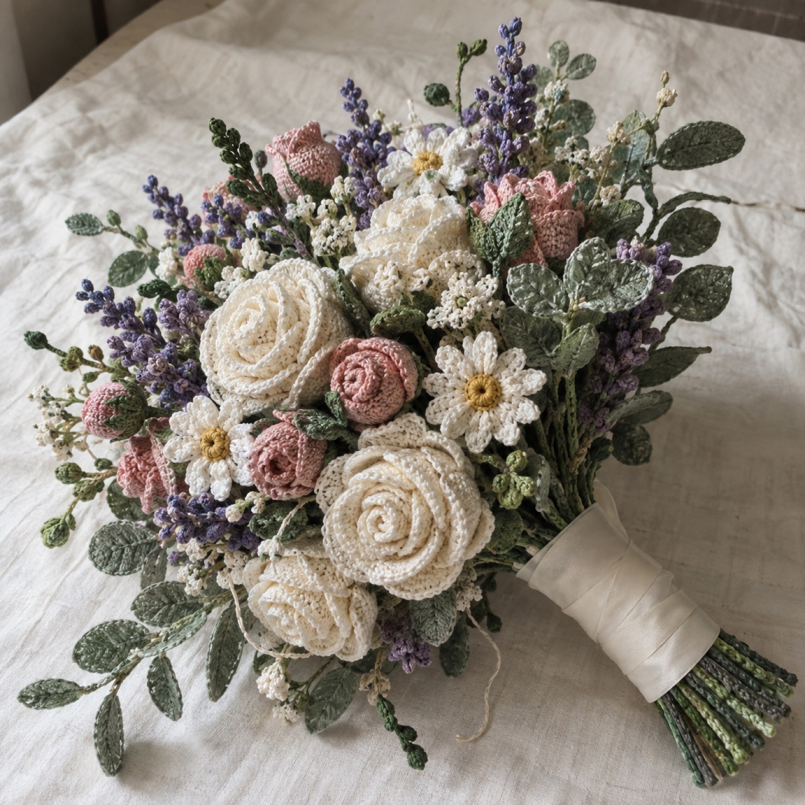 Wildflower Bridal Bouquet: handmade crochet in lavender, cream, eucalyptus, dusty pink