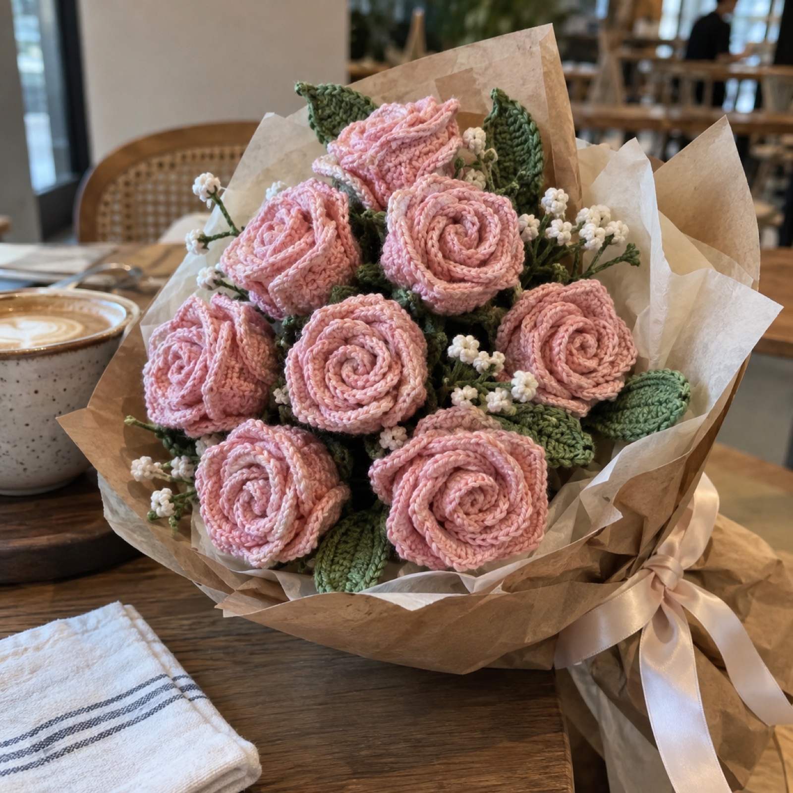 Blush Rose Bouquet: handmade crochet in blush pink, cream, leaf green