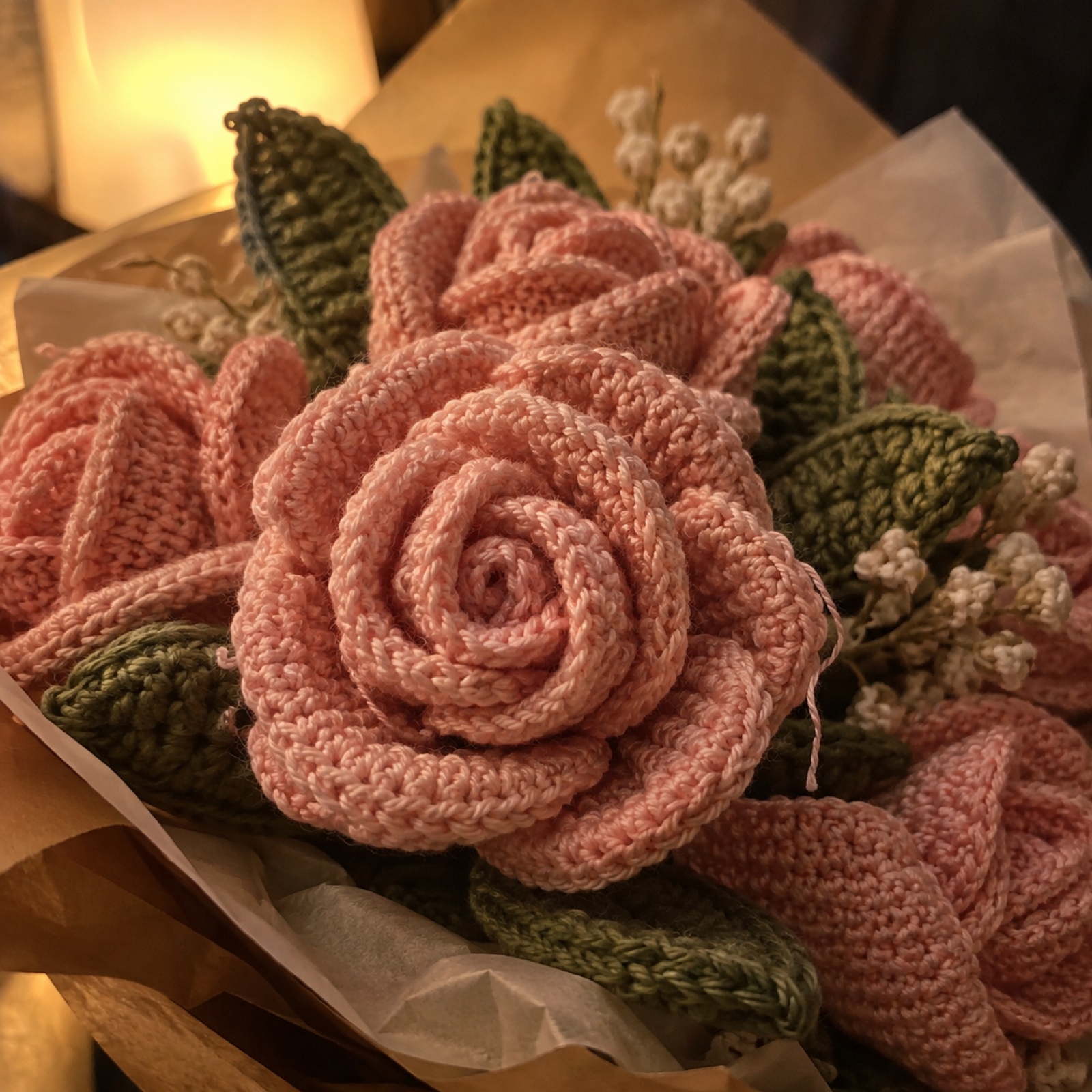 Close-up of the stitches on the Blush Rose Bouquet