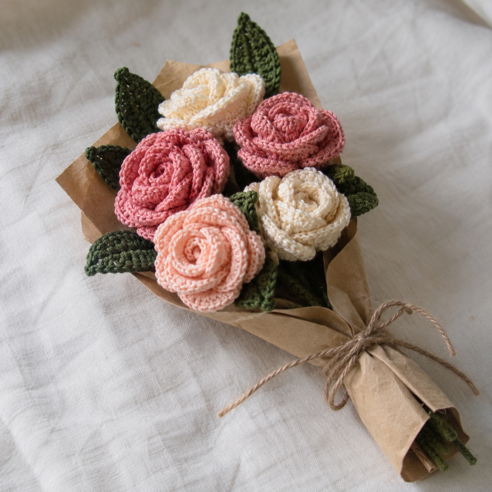 Pocket Rose Posy: handmade crochet in rose pink, peach, cream
