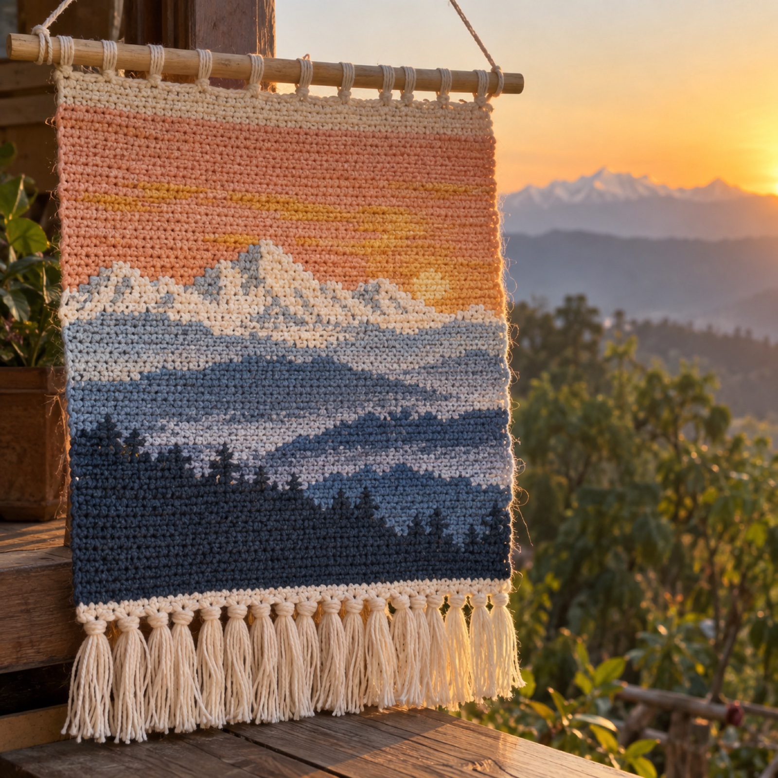 Kanchenjunga Sunrise Wall Hanging: handmade crochet in snow white, peach, misty blue, gold