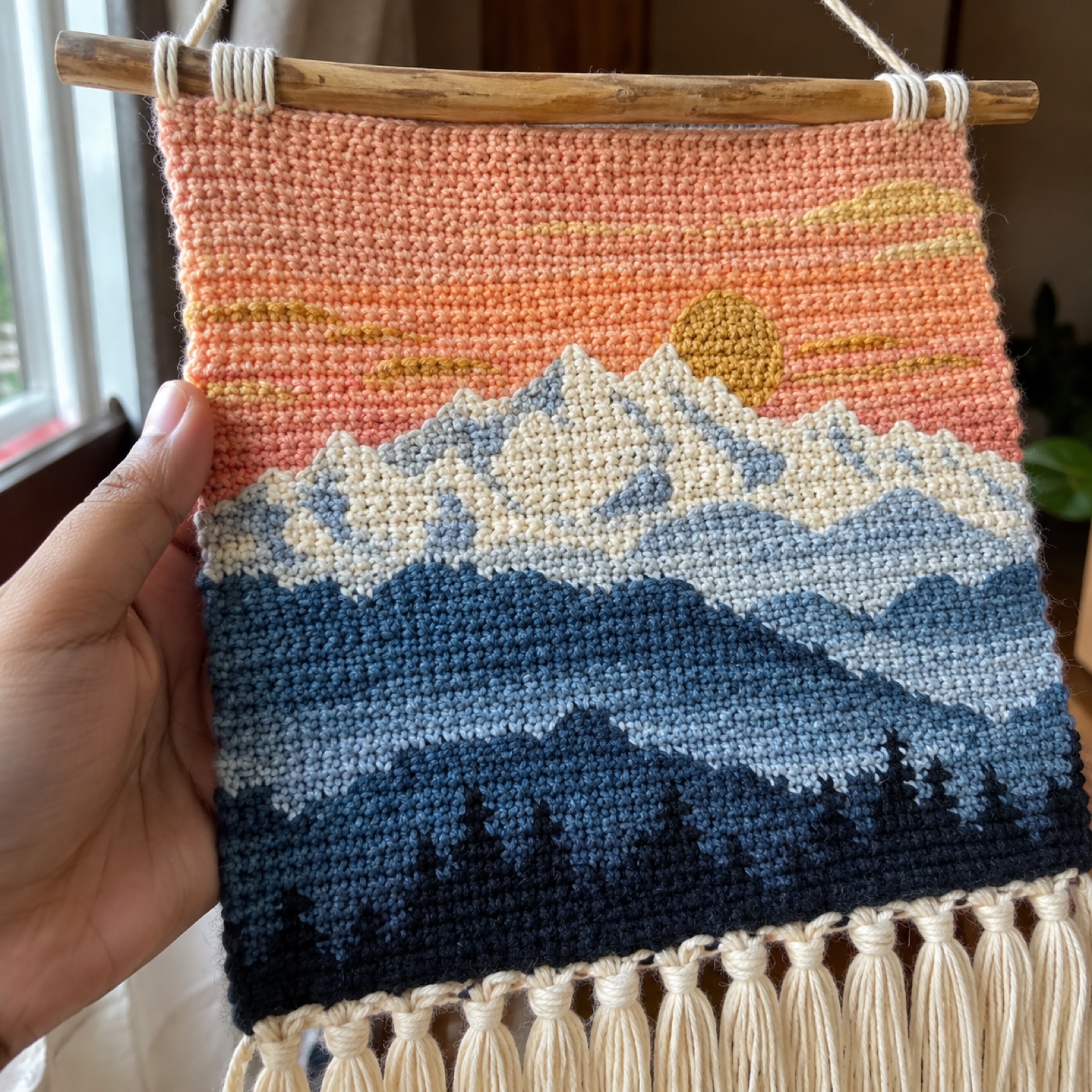 Close-up of the colour change where snow-white peaks meet the peach sky on the Kanchenjunga Sunrise Wall Hanging