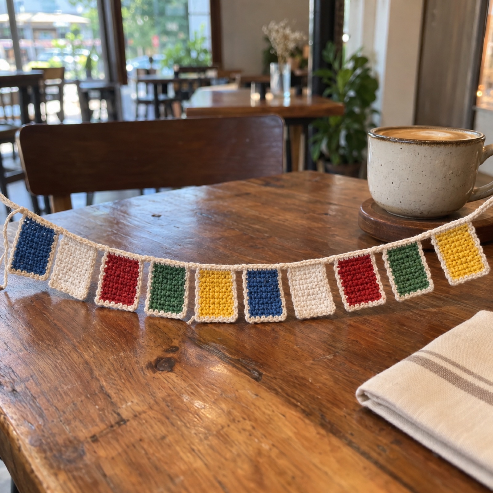 Prayer Flag Bunting: handmade crochet in blue, white, red, green, yellow