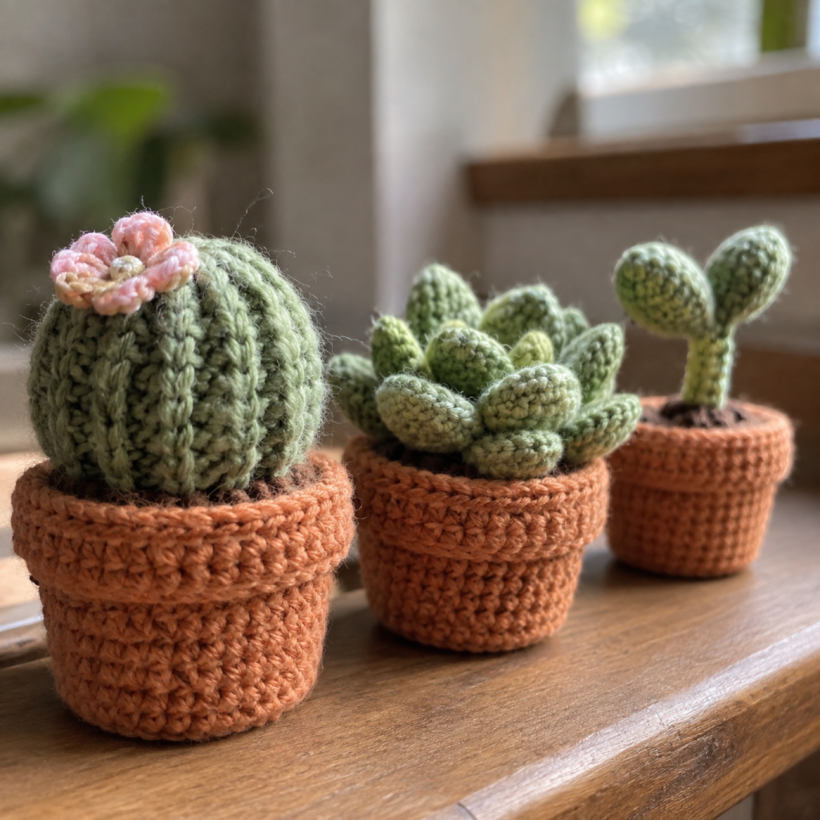 Close-up of the ribbed cactus stitches and the rim of its terracotta pot on the Plant Pal Desk Buddies (Set of 3)