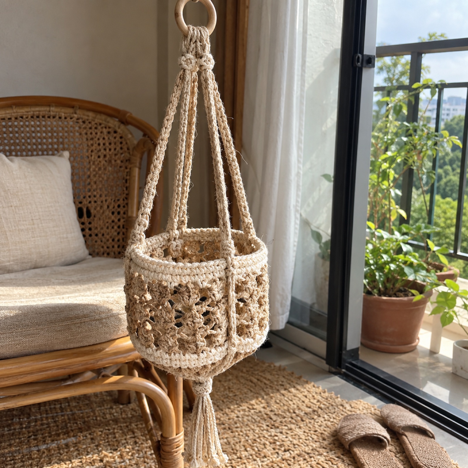Hill Station Plant Hanger: handmade crochet in natural, cream