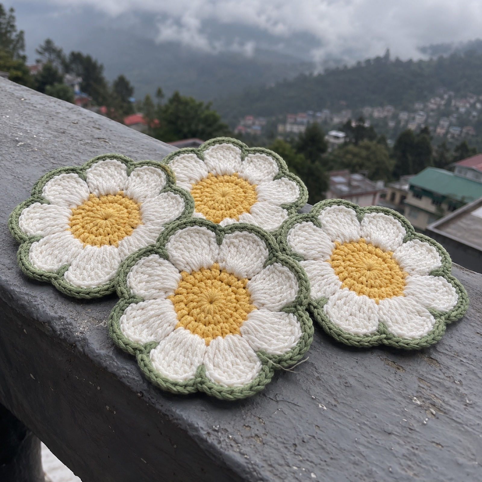 Daisy Coaster Set of 4: handmade crochet in white, butter yellow, sage