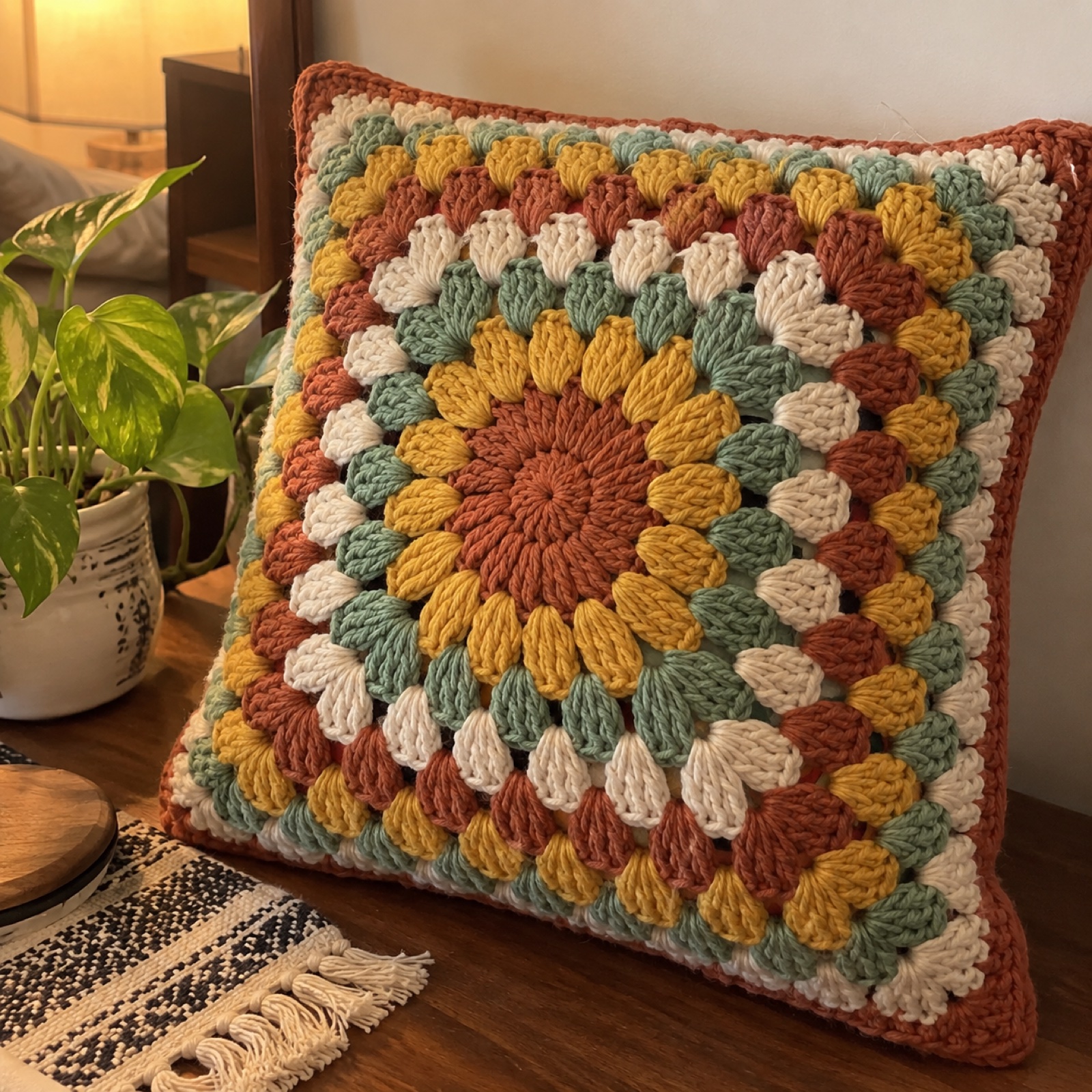 Granny Square Cushion Cover: handmade crochet in rust, mustard, sage, cream