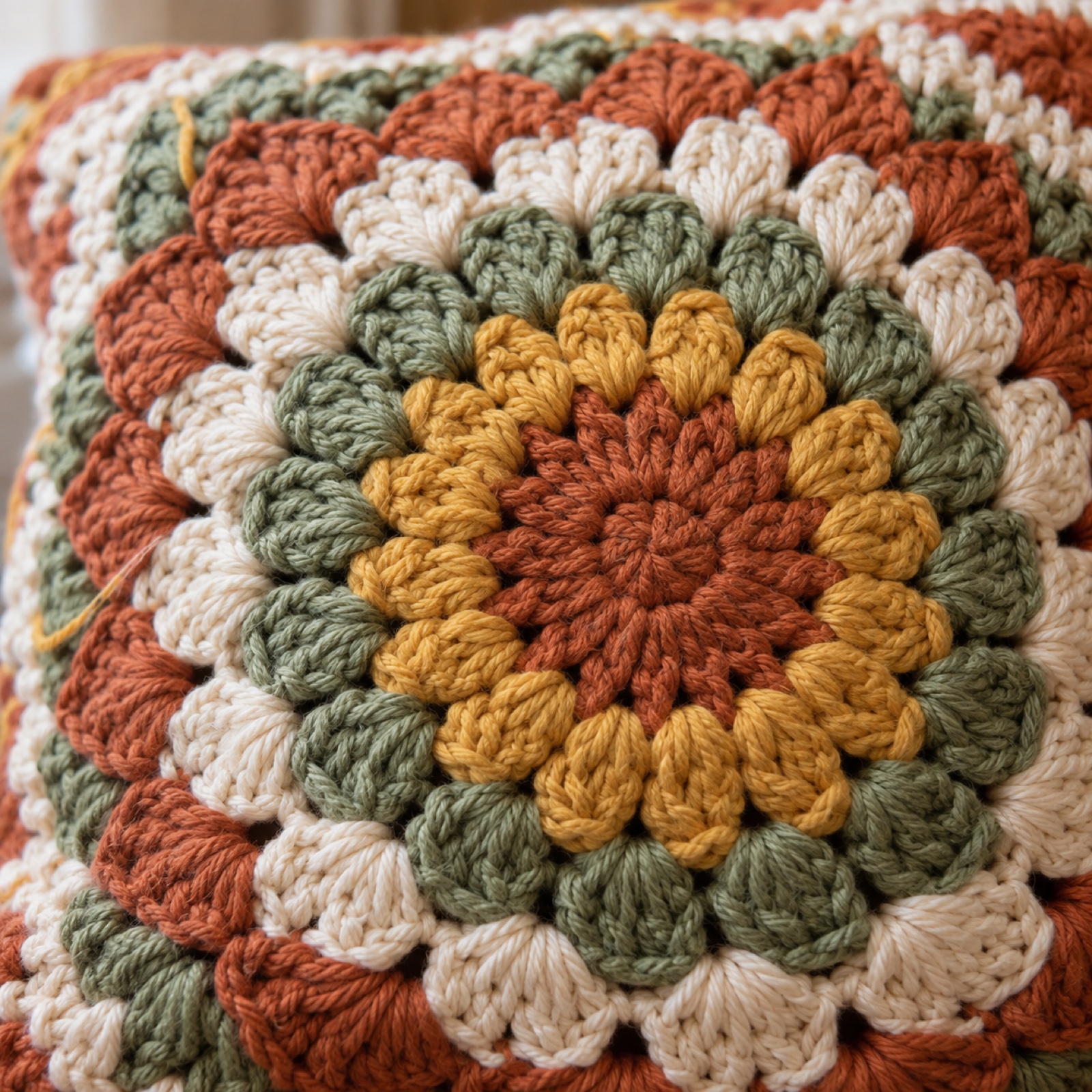 Close-up of the centre of the sunburst granny square on the Granny Square Cushion Cover
