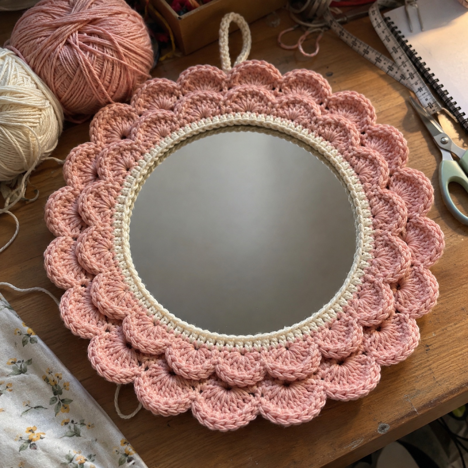 Scallop Round Mirror: handmade crochet in blush, cream