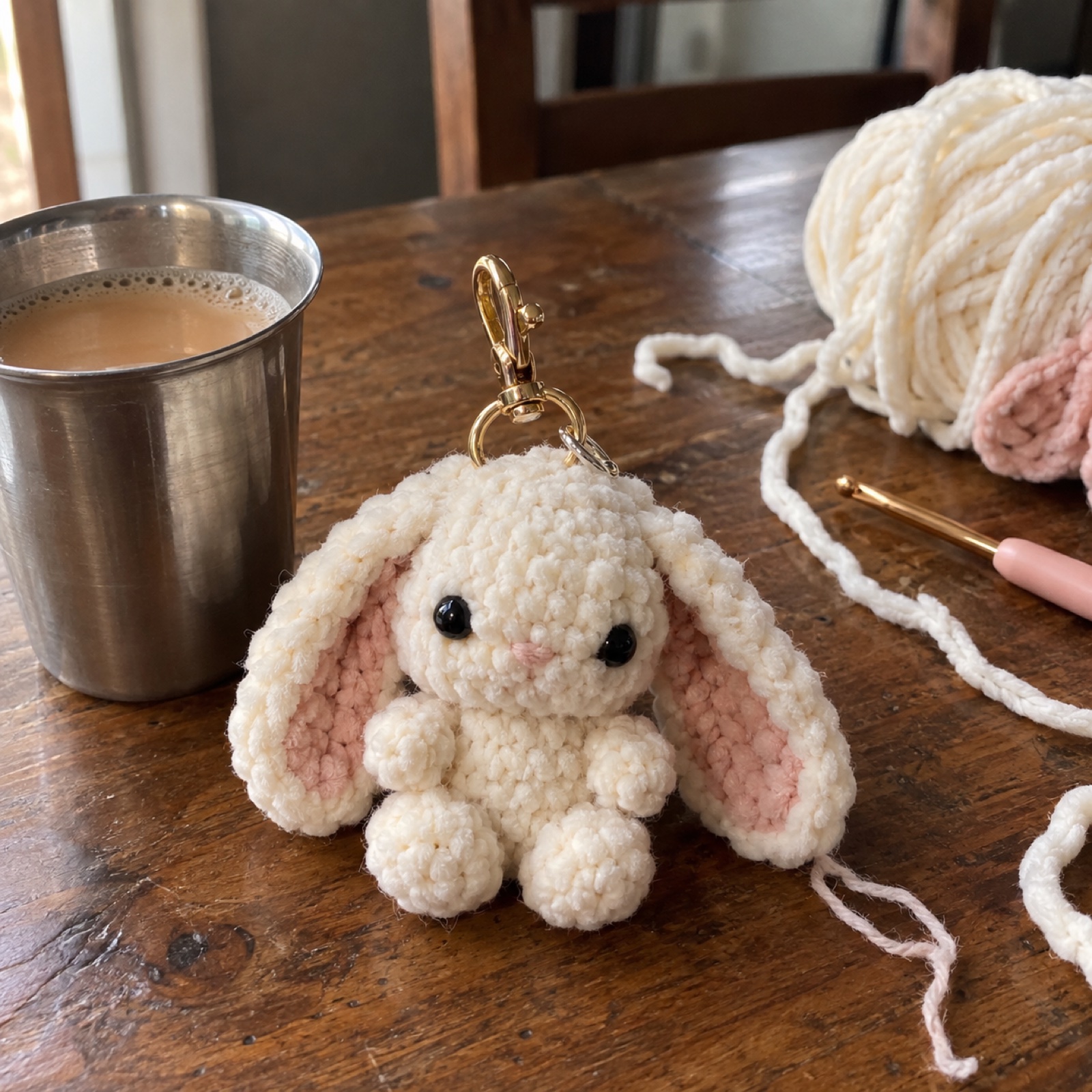 Chenille Bunny Bag Charm: handmade crochet in cream, blush