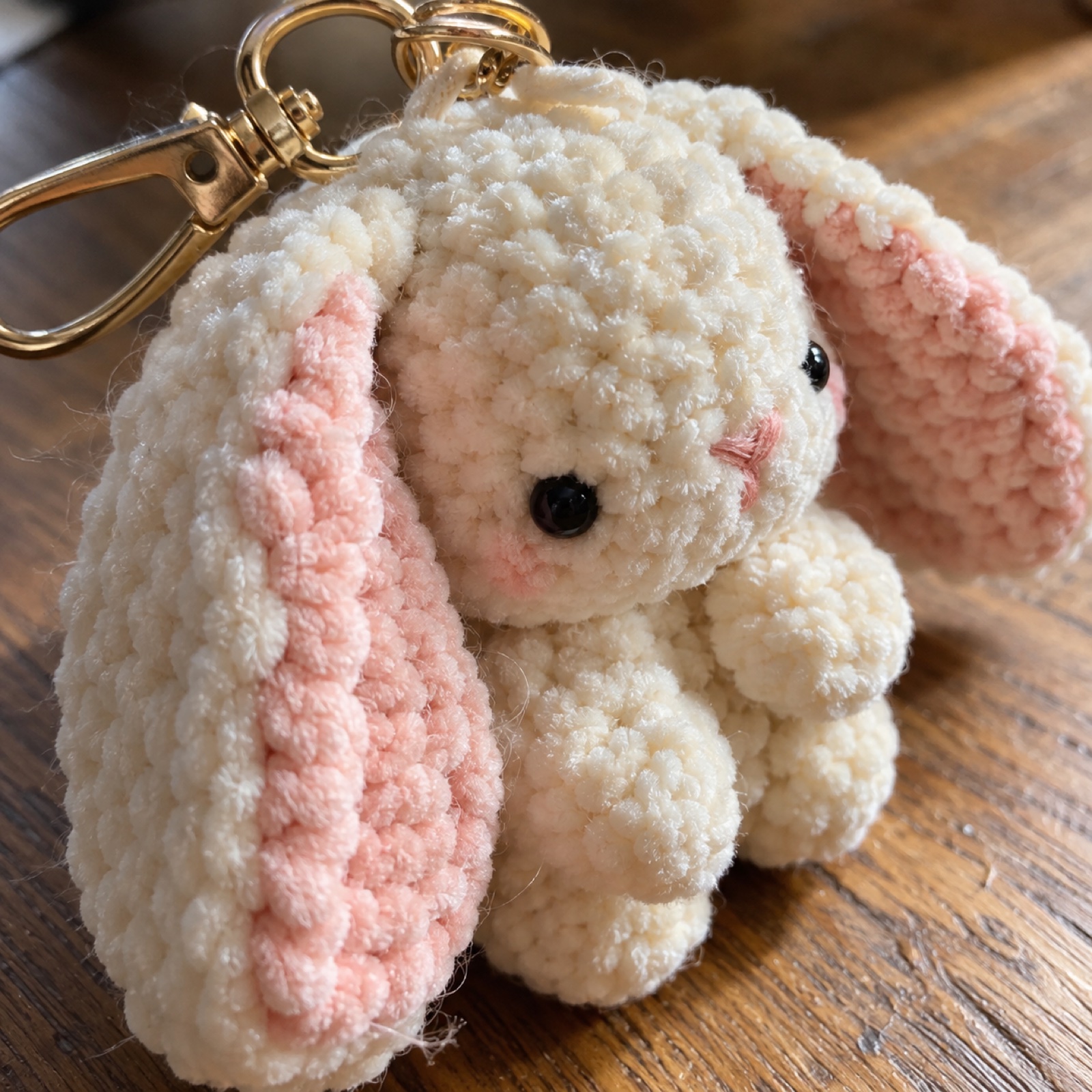 Close-up of the plush chenille texture of the bunny's ears on the Chenille Bunny Bag Charm