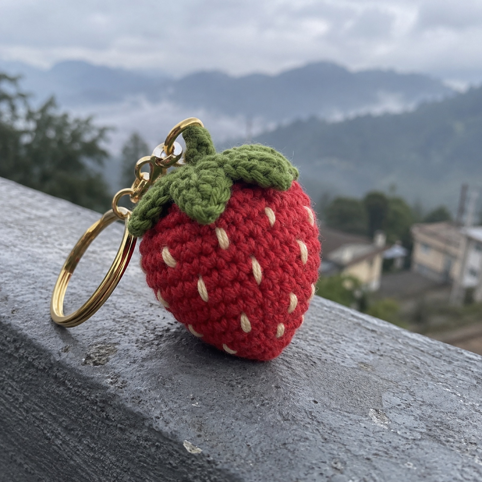 Strawberry Keychain: handmade crochet in strawberry red, leaf green, cream