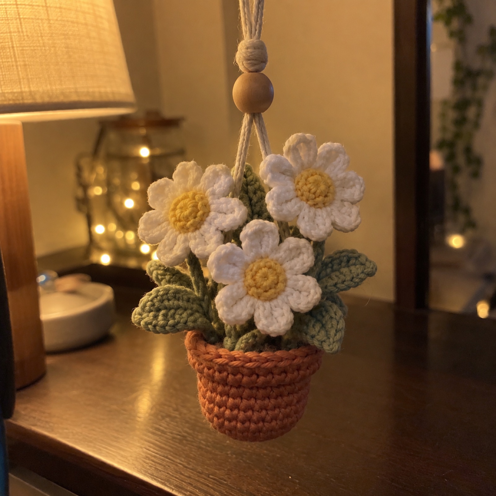 Daisy Car Mirror Hanger: handmade crochet in white, yellow, sage, terracotta