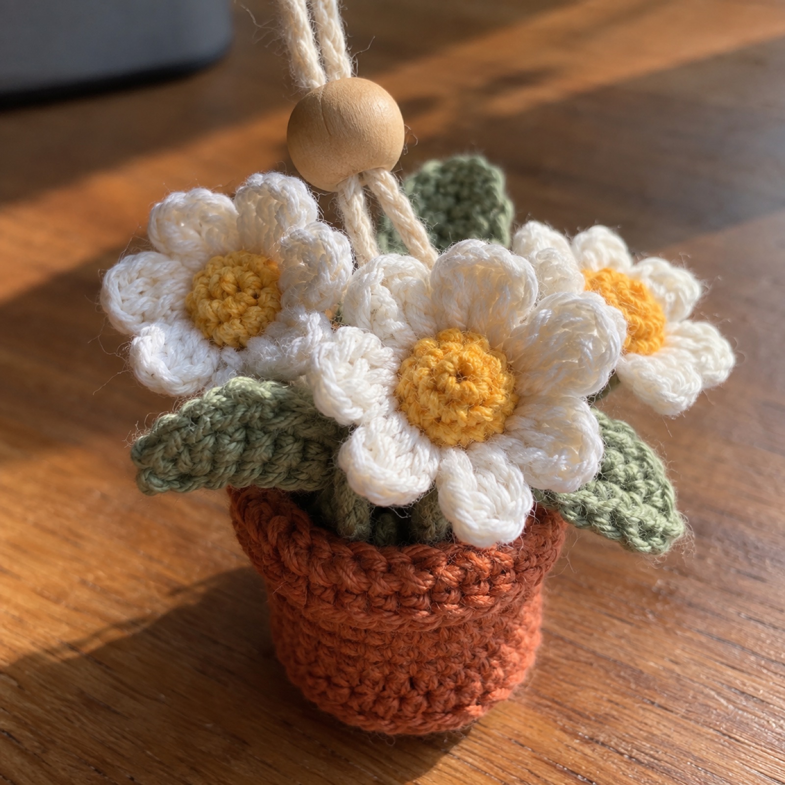 Close-up of the daisy petals above the rim of the tiny pot on the Daisy Car Mirror Hanger