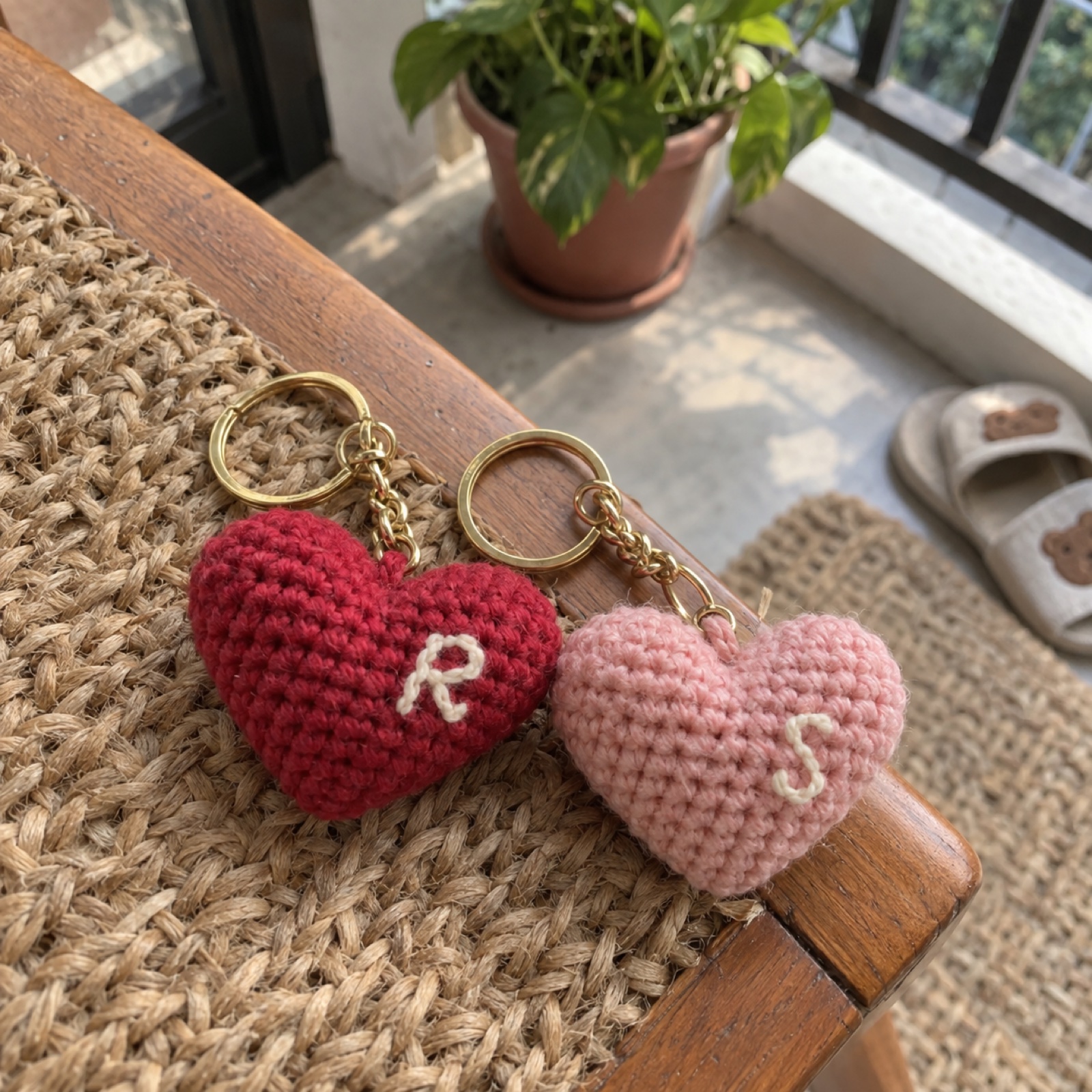 Two Hearts Couple Keychains: handmade crochet in cherry red, blush