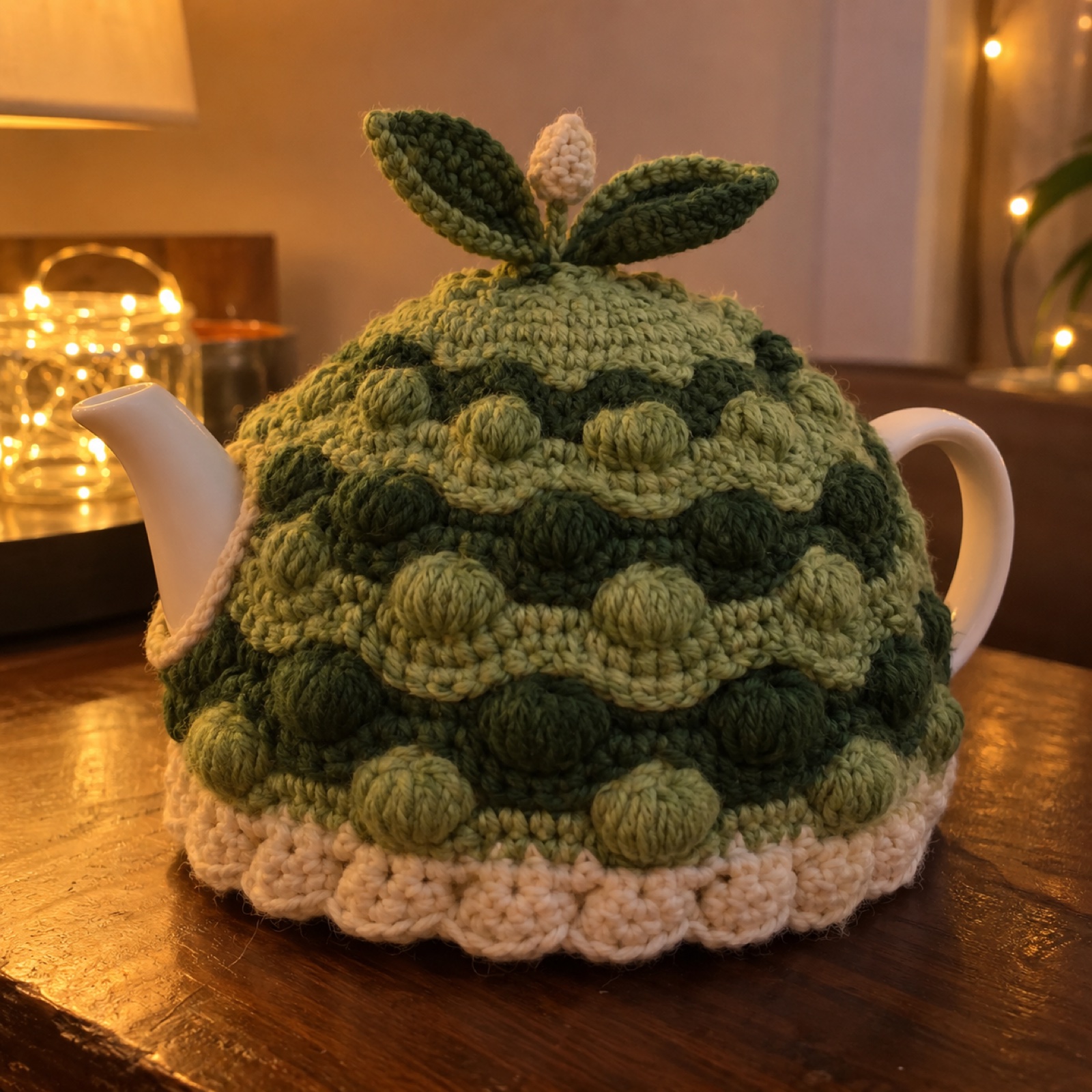 Darjeeling Tea Garden Tea Cosy: handmade crochet in tea green, deep green, cream, gold