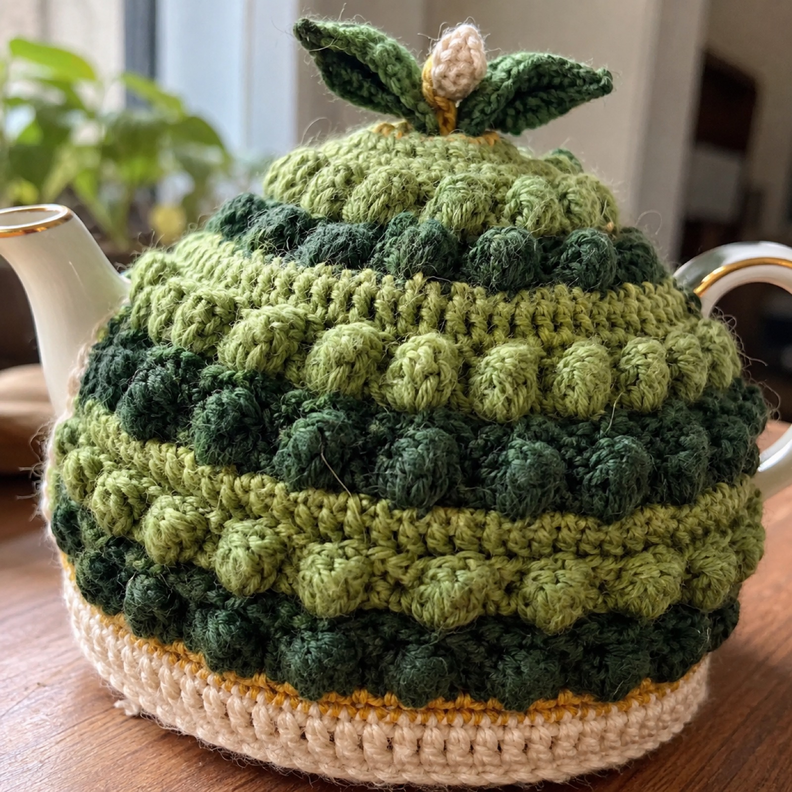 Close-up of the terraced rows of green bobble stitches on the Darjeeling Tea Garden Tea Cosy