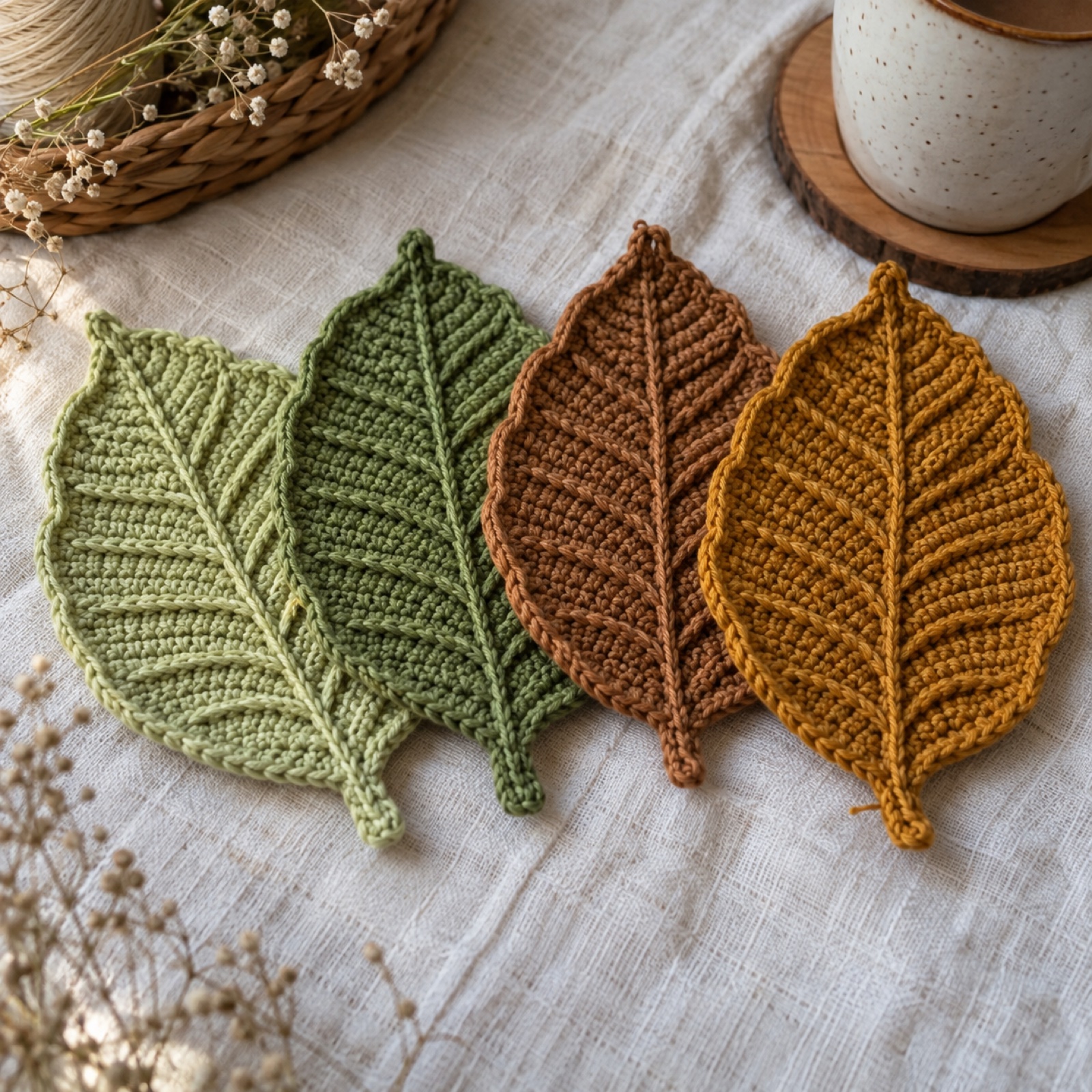 First Flush Teacup Coasters (Set of 4): handmade crochet in first-flush green, tea green, muscatel, autumnal amber