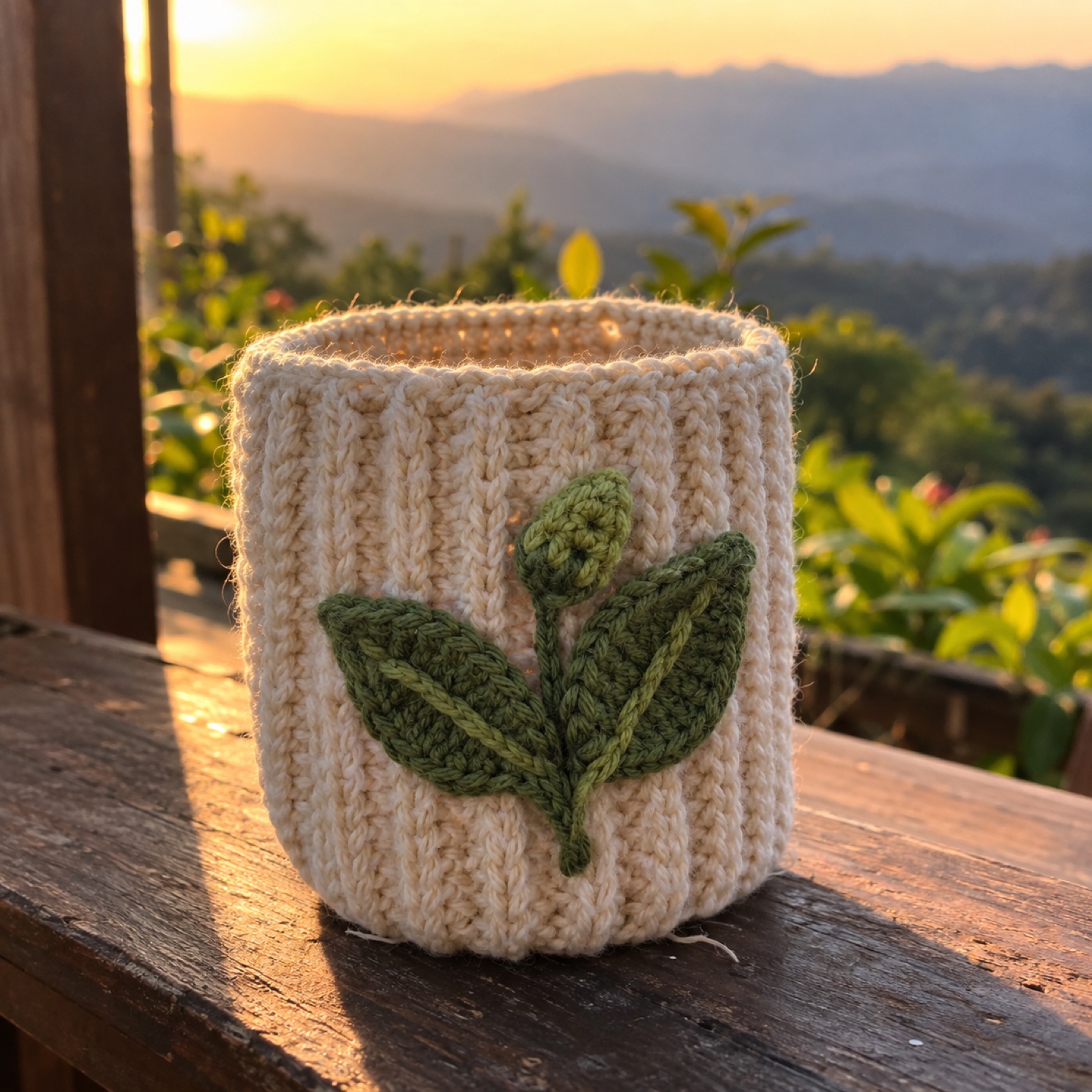 Two Leaves & a Bud Cup Sleeve: handmade crochet in cream, tea green