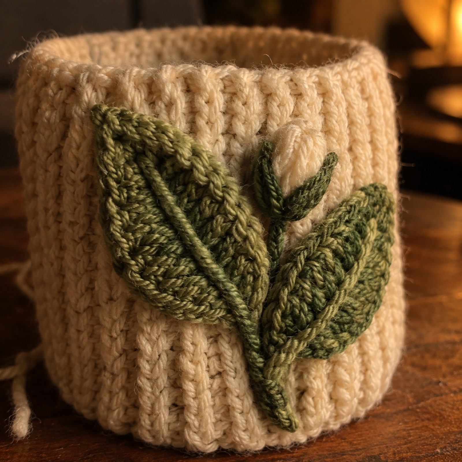 Close-up of the two-leaves-and-a-bud appliqué on the Two Leaves & a Bud Cup Sleeve