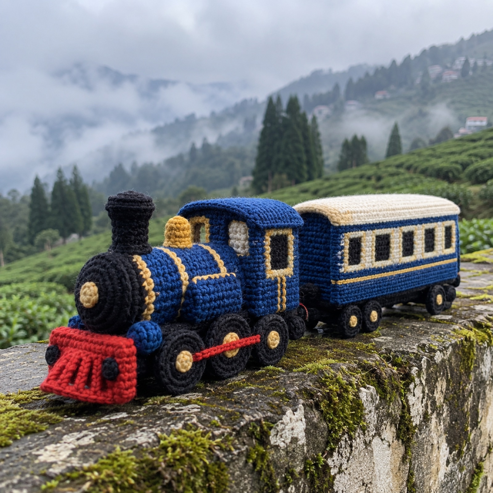 DHR Toy Train Plush: handmade crochet in railway blue, black, red, cream