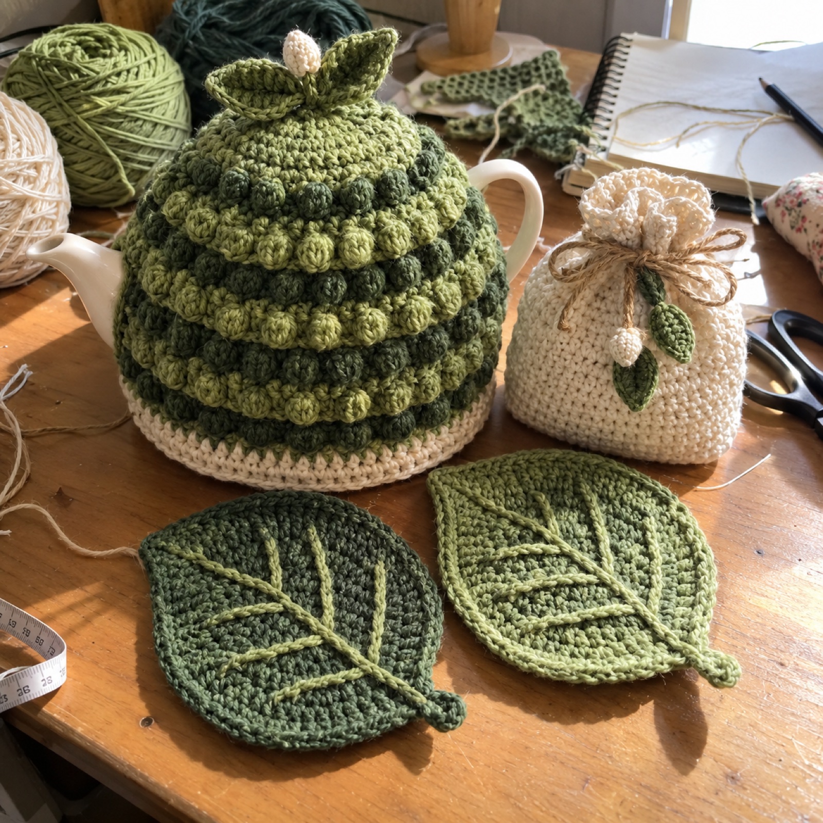 Darjeeling Morning Tea Hamper: handmade crochet in tea green, deep green, cream, kraft