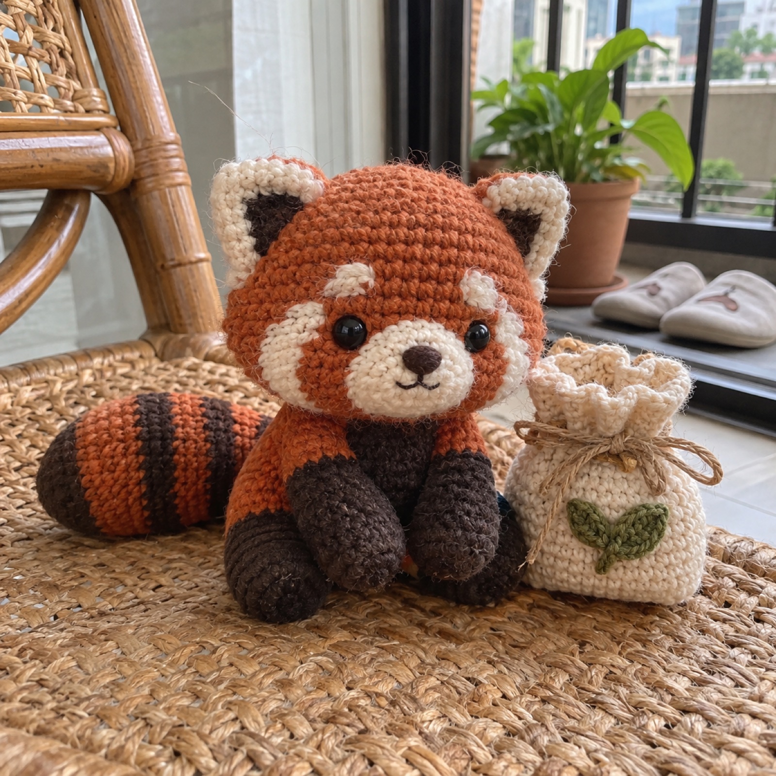 Red Panda & Tea Gift Box: handmade crochet in rust, cream, charcoal, kraft