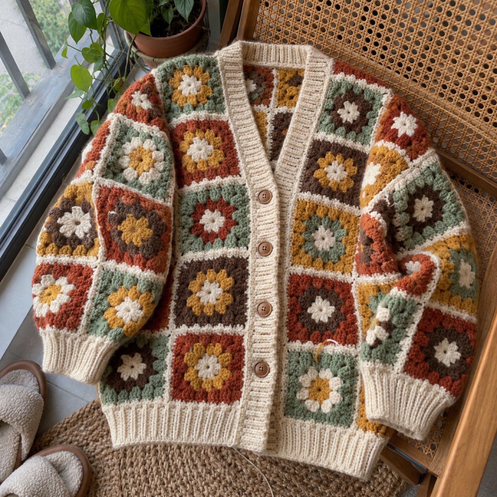 Patchwork Granny Cardigan: handmade crochet in rust, mustard, sage, cream, cocoa