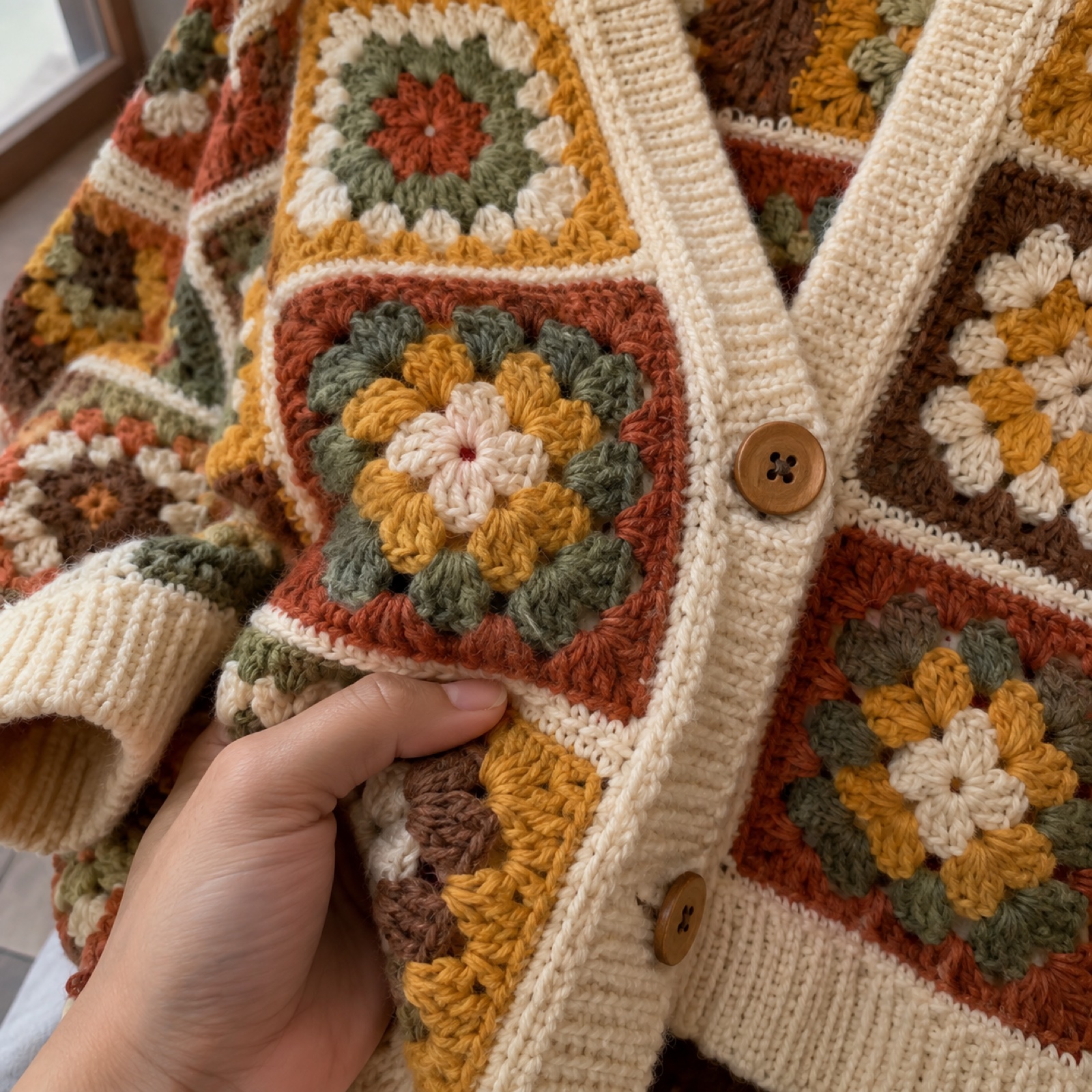 Close-up of the join between granny squares and a wooden button on the Patchwork Granny Cardigan
