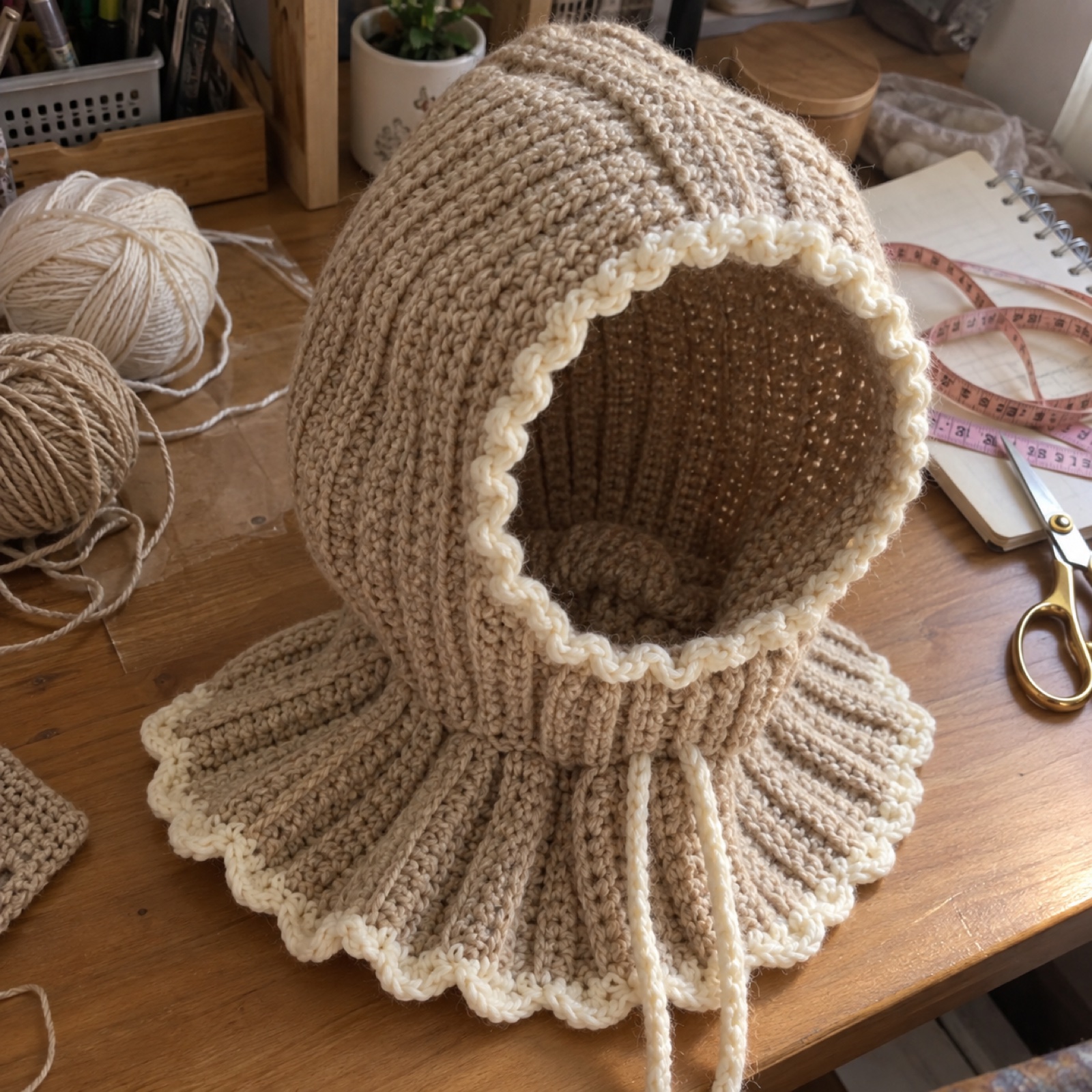 Mountain Balaclava Hood: handmade crochet in oatmeal, cream