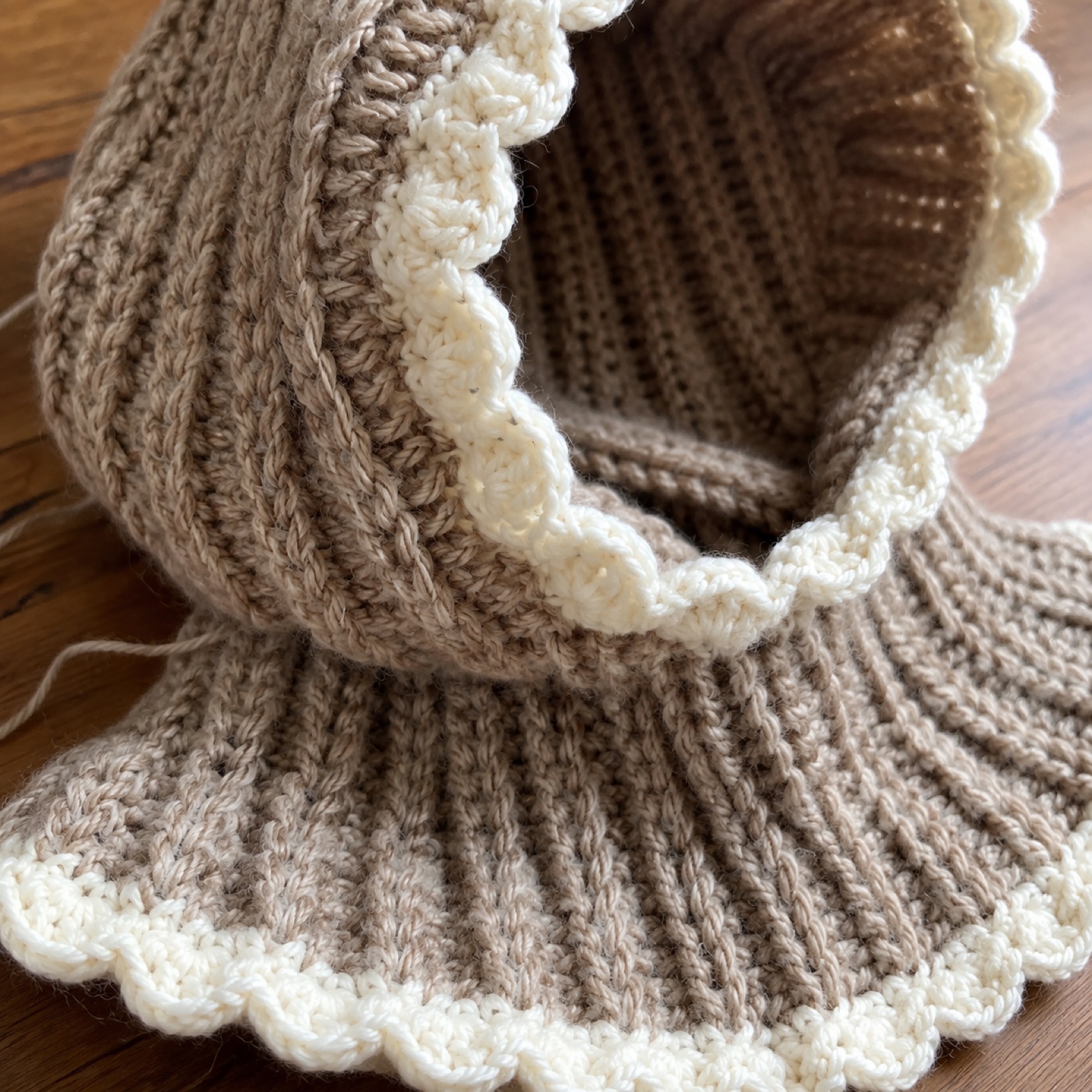 Close-up of the vertical ribbing meeting the scalloped face opening on the Mountain Balaclava Hood
