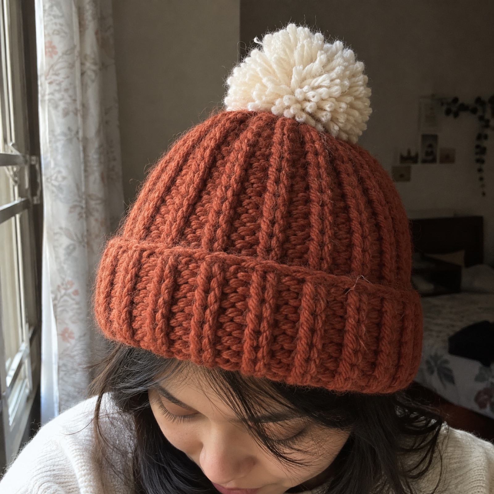 Chunky Ribbed Beanie: handmade crochet in rust, cream pom