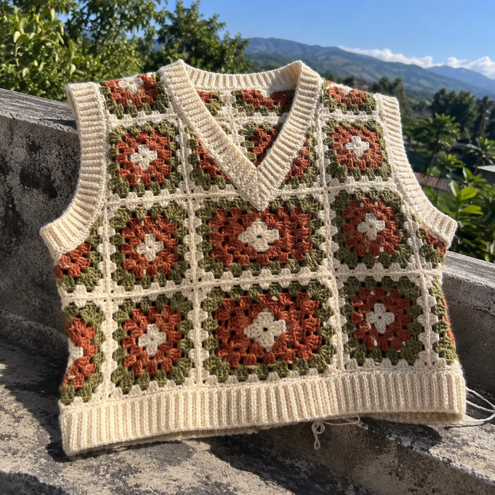 Granny Square Vest: handmade crochet in cream, terracotta, olive
