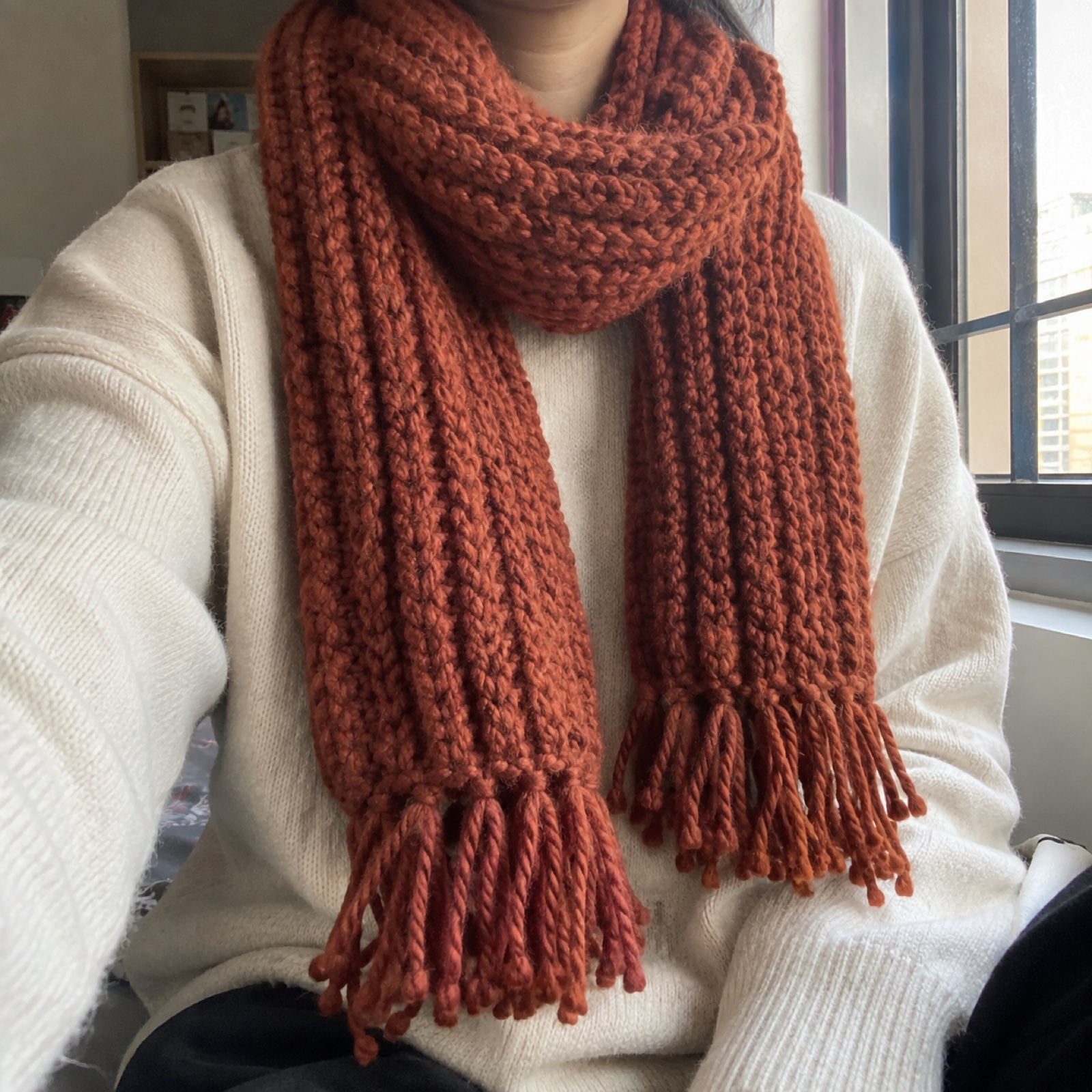 Chunky Winter Muffler: handmade crochet in rust, oatmeal, charcoal