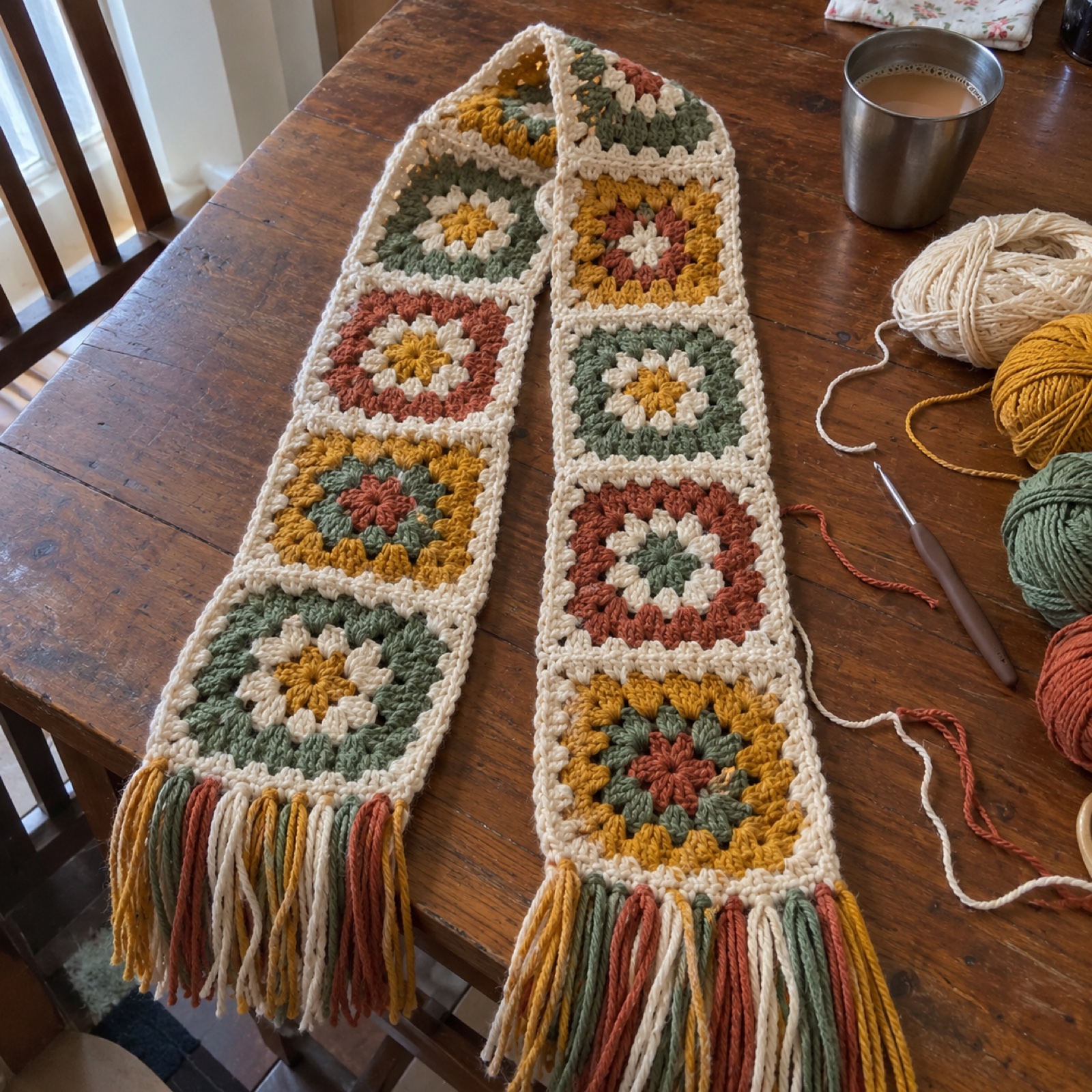 Granny Square Patchwork Muffler: handmade crochet in mustard, sage, terracotta, cream