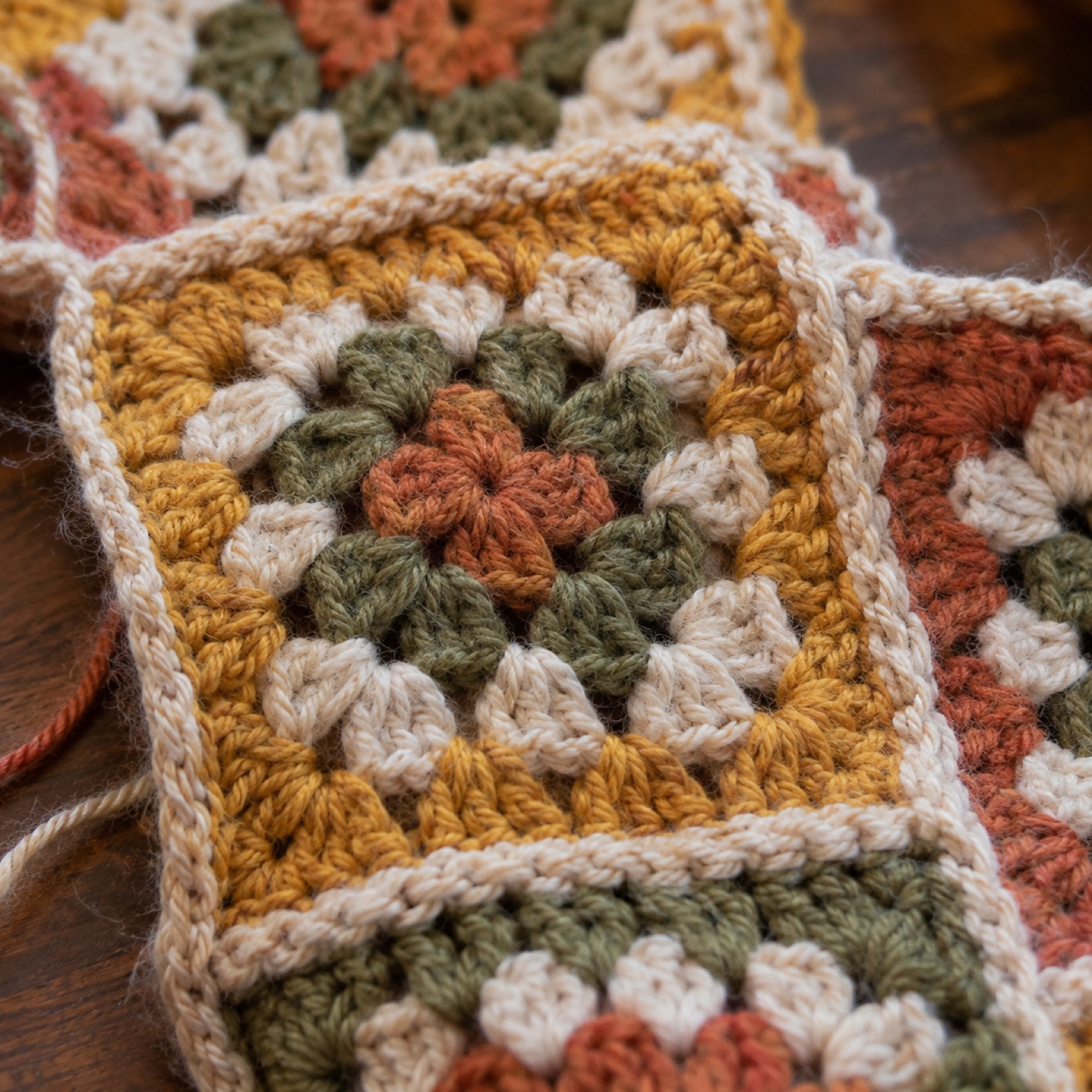 Close-up of the stitches on the Granny Square Patchwork Muffler