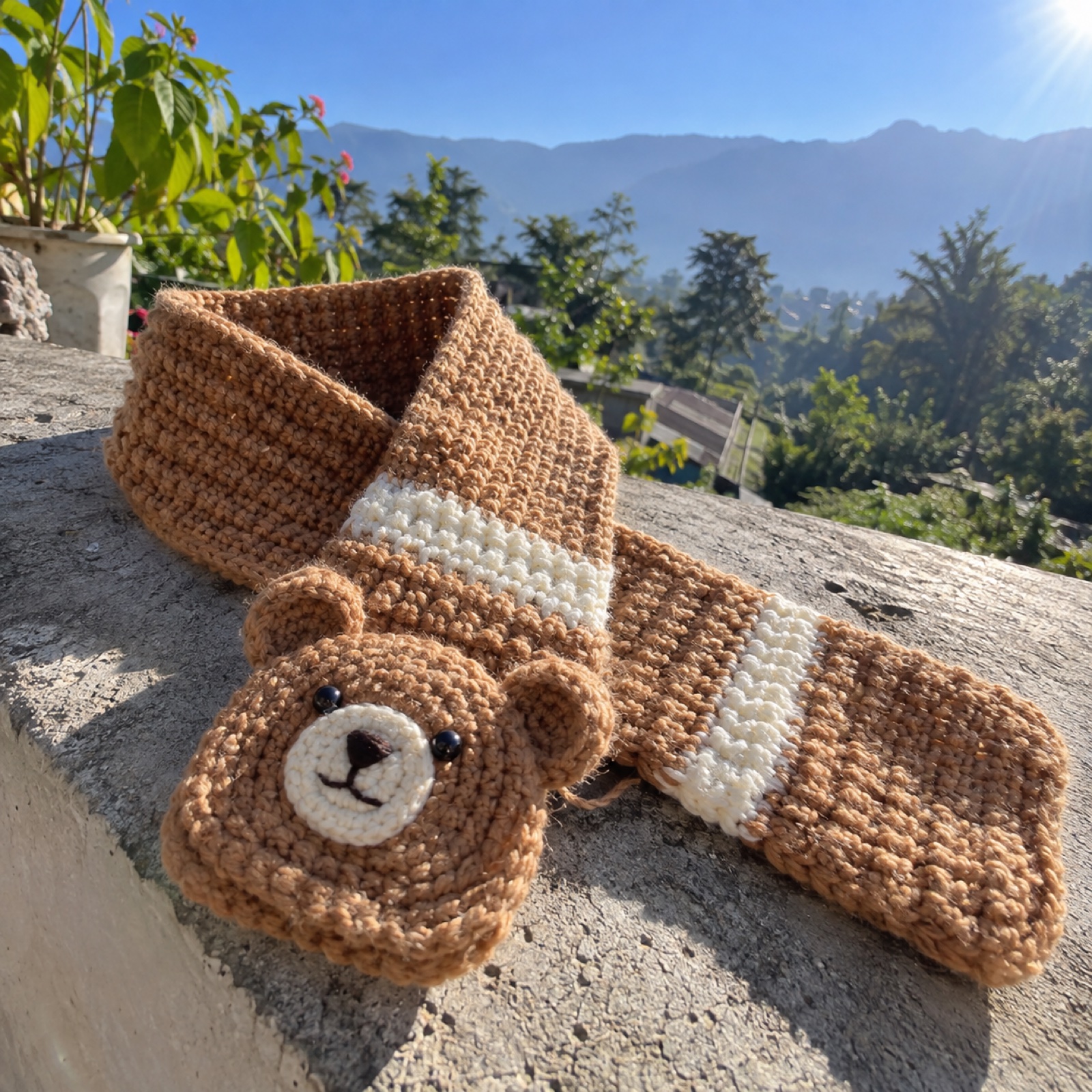 Little Bear Kids Muffler: handmade crochet in caramel, cream, brown