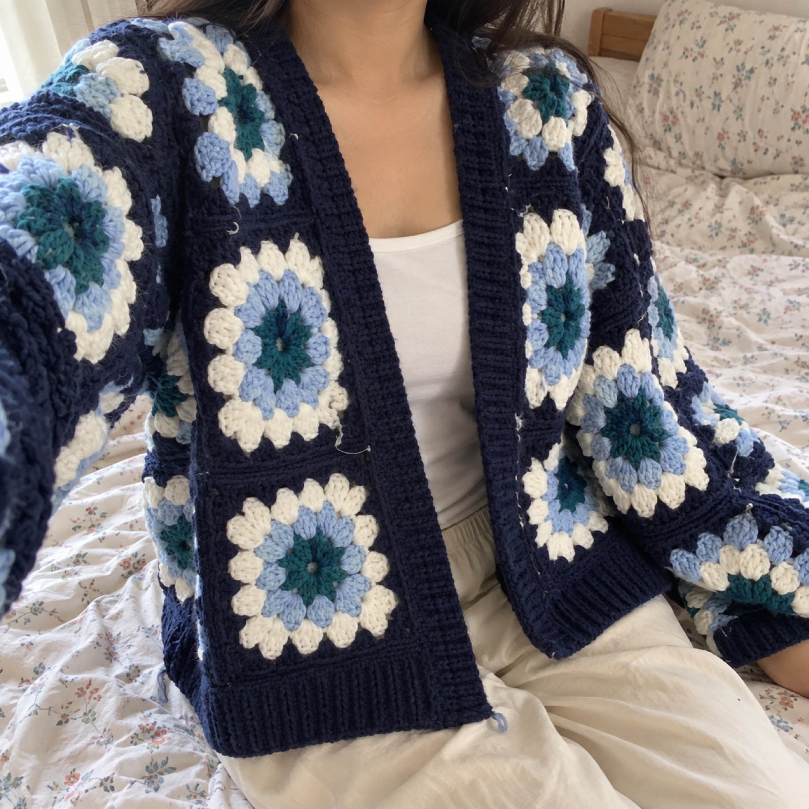 Navy Granny Square Cardigan: handmade crochet in navy, teal, ice blue, white